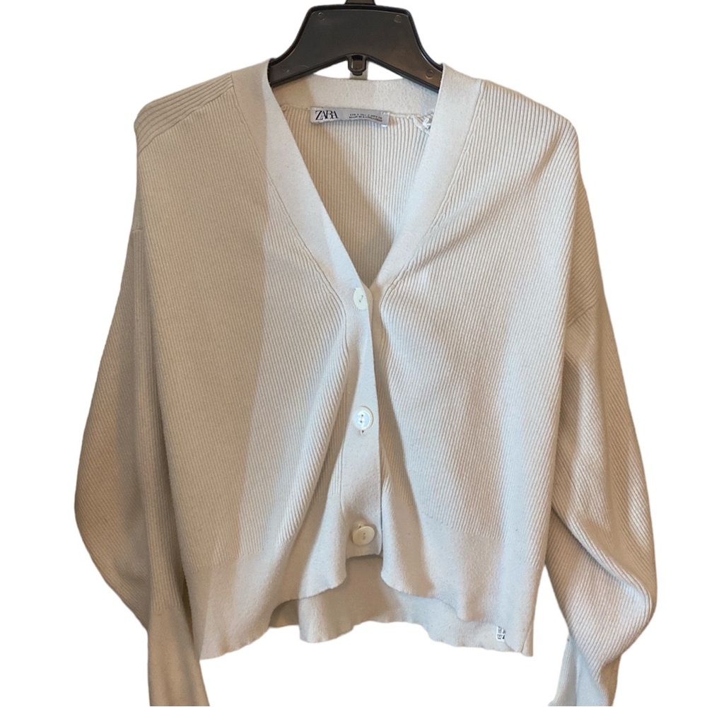 Zara Women’s White Cream Button Down Cardigan, Cropped Casual Sweater Small Knit